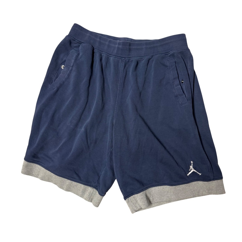 Jordan Mens Blue Fleece Shorts Jumpman Logo XXL Snap Pockets Gray Trim